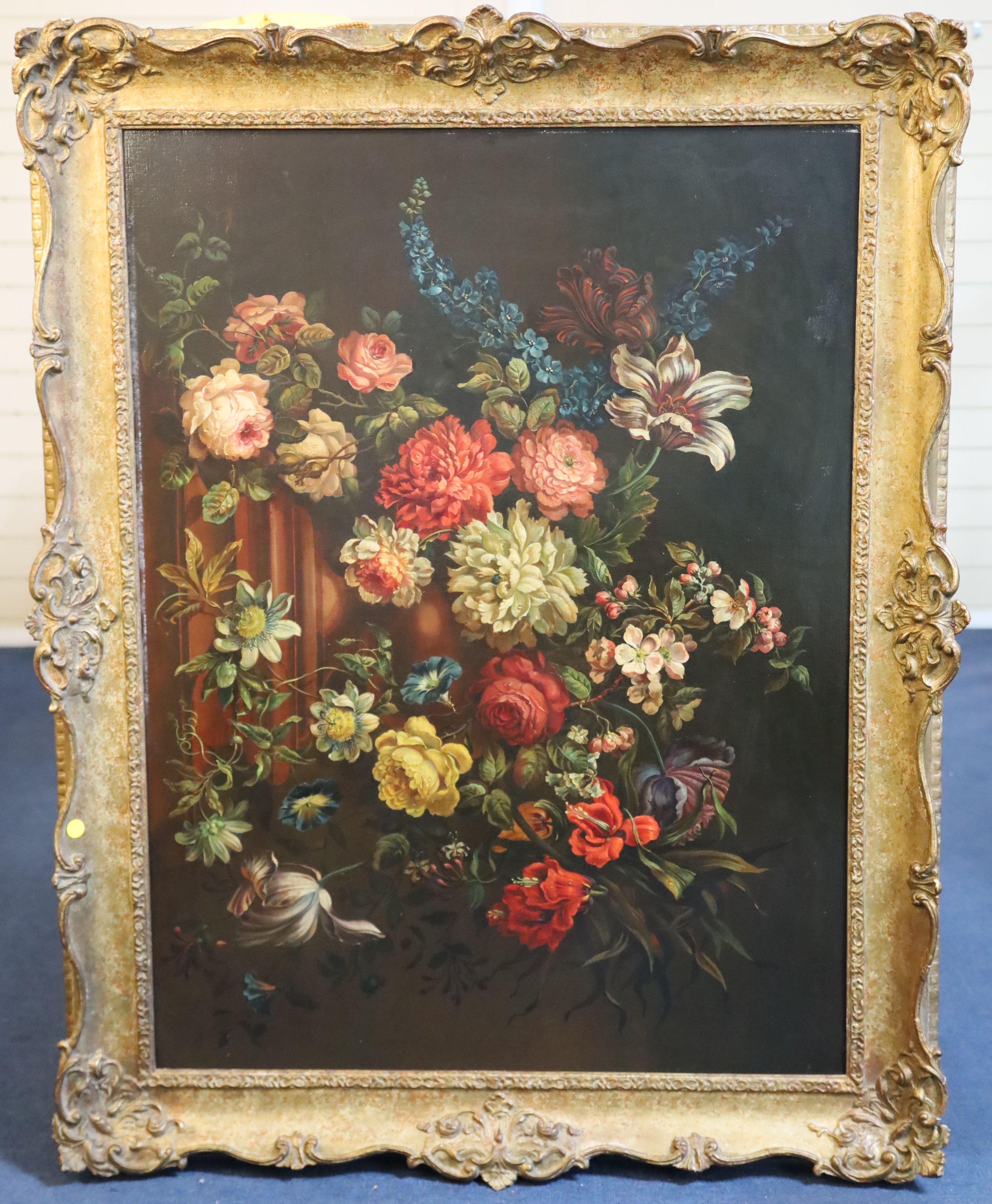 17th century Dutch style Still life of flowers in an urn upon pedestal 29.5 x 39.5in.